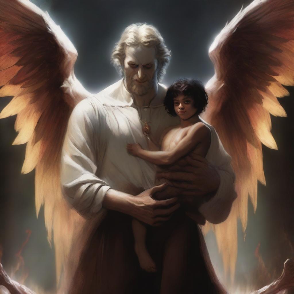 A large angel with a devilish smile is holding a small demon man with his hand