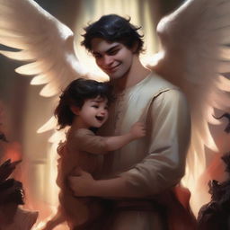 A large angel with a devilish smile is holding a small demon man with his hand