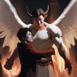 A large angel with a devilish smile is holding a small demon man with his hand