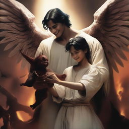 A large angel with a devilish smile is holding a small demon man with his hand