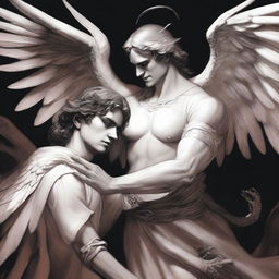 A large angel with a devilish smile is holding a small demon man with his hand