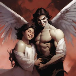 A large angel with a devilish smile is holding a small demon man with his hand