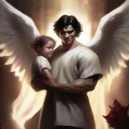 A large angel with a devilish smile is holding a small demon man with his hand