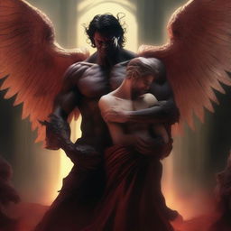 A large angel with a devilish smile is holding a demon man with his hand