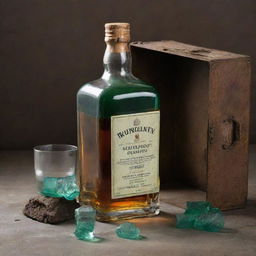 A whisky bottle of a green shade, next to a dirty and shattered glass, all encased within a rusty metal box reminiscent of World War era