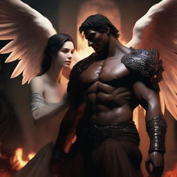 A large angel with a devilish smile is holding a demon man with his hand