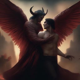 A large angel with a devilish smile is holding a demon man with his hand