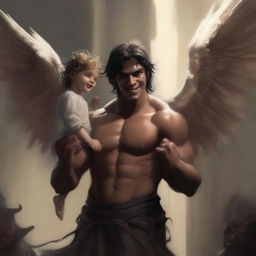 A large angel with a devilish smile is holding a small demon man on his hand