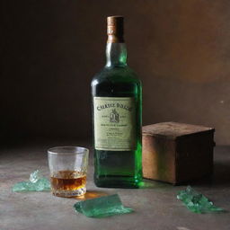 A whisky bottle of a green shade, next to a dirty and shattered glass, all encased within a rusty metal box reminiscent of World War era