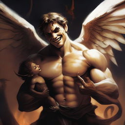 A large angel with a devilish smile is holding a small demon man on his hand