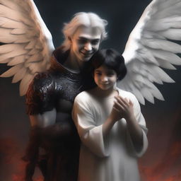 A large angel with a devilish smile is holding a small demon man on his hand