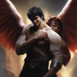 A large angel with a devilish smile is holding a demon man on his hand