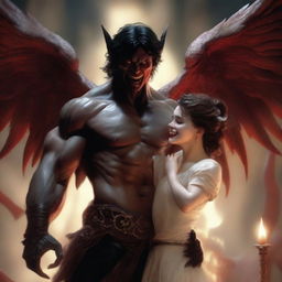 A large angel with a devilish smile is holding a demon man on his hand