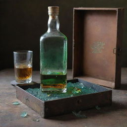 A whisky bottle of a green shade, next to a dirty and shattered glass, all encased within a rusty metal box reminiscent of World War era