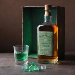 A whisky bottle of a green shade, next to a dirty and shattered glass, all encased within a rusty metal box reminiscent of World War era