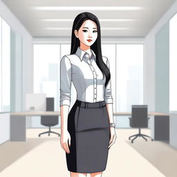 A beautiful modern Chinese office girl standing in a full-body pose