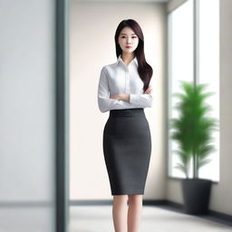 A beautiful modern Chinese office girl standing in a full-body pose