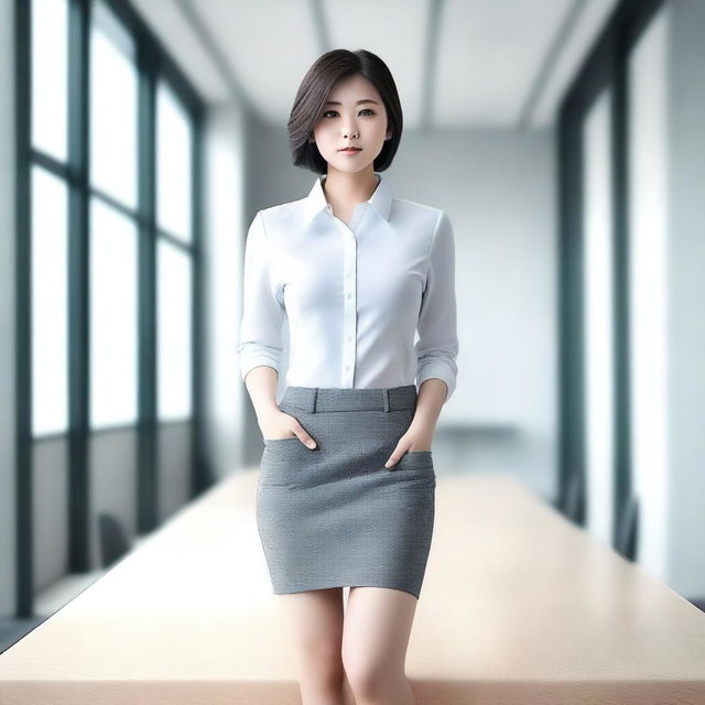 A beautiful modern Chinese office girl standing in a full-body pose