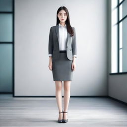 A beautiful modern Chinese office girl standing in a full-body pose