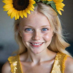 A portrait of a blonde girl with sparkly blue eyes, cheerful smile, wearing a sunflower yellow dress