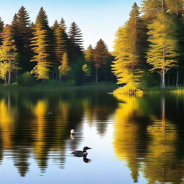 A serene lake scene featuring two adult loons and one baby loon swimming together