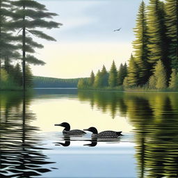 A serene lake scene featuring two adult loons and one baby loon swimming together