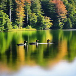 A serene lake scene featuring two adult loons and one baby loon swimming together