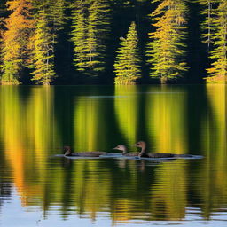 A serene lake scene featuring two adult loons and one baby loon swimming together