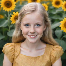 A portrait of a blonde girl with sparkly blue eyes, cheerful smile, wearing a sunflower yellow dress