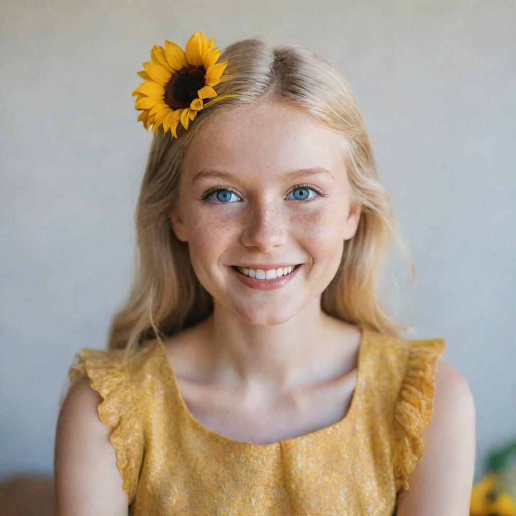 A portrait of a blonde girl with sparkly blue eyes, cheerful smile, wearing a sunflower yellow dress