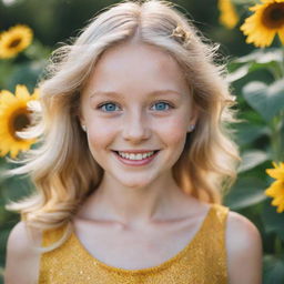 A portrait of a blonde girl with sparkly blue eyes, cheerful smile, wearing a sunflower yellow dress