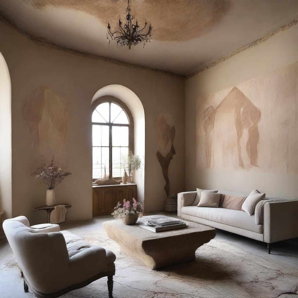 A feminine living room with wall designs and decorations inspired by European chapels and featuring cave art