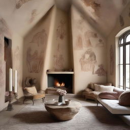 A feminine living room with wall designs and decorations inspired by European chapels and featuring cave art