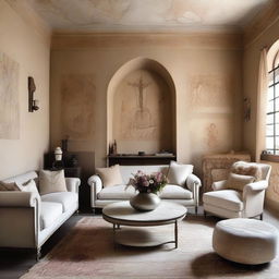 A feminine living room with wall designs and decorations inspired by European chapels and featuring cave art