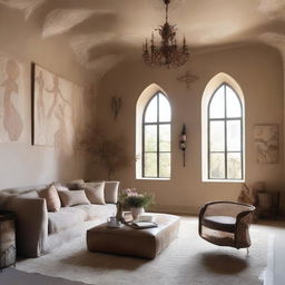 A feminine living room with wall designs and decorations inspired by European chapels and featuring cave art