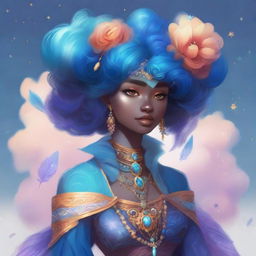 A female air genasi with blue skin that has stars and clouds on it