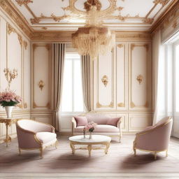 A simplified feminine living room inspired by Palais Kinsky, featuring lower ceilings and decorative flowers