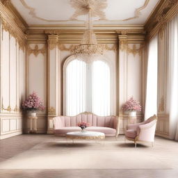 A simplified feminine living room inspired by Palais Kinsky, featuring lower ceilings and decorative flowers