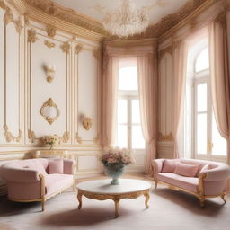 A simplified feminine living room inspired by Palais Kinsky, featuring lower ceilings and decorative flowers