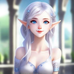 A beautiful elf with silver hair and blue eyes, depicted as a waifu in casual attire