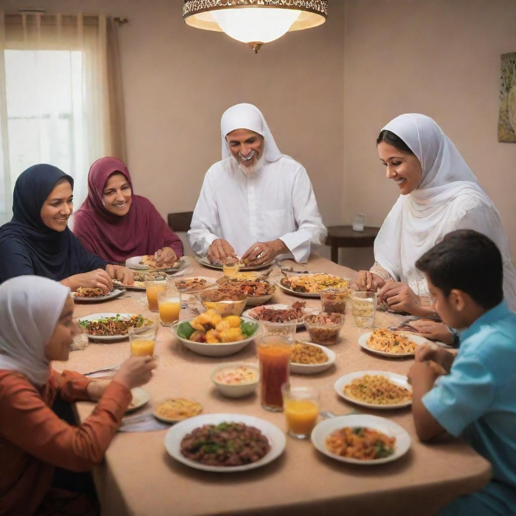 A warm and vibrant poster of a large Muslim family with seven members - a grandmother, grandfather, mother, father, aunt, uncle, and a 12-year-old boy. They are happily gathered around a dining table, passionately preparing for Iftar together.