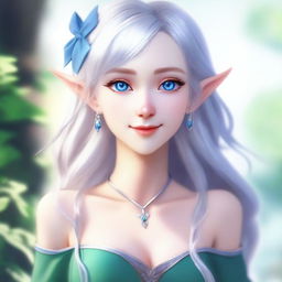 A beautiful elf with silver hair and blue eyes, depicted as a waifu in casual attire