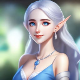 A beautiful elf with silver hair and blue eyes, depicted as a waifu in casual attire