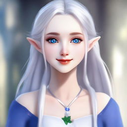 A beautiful elf with silver hair and blue eyes, depicted as a waifu in casual attire