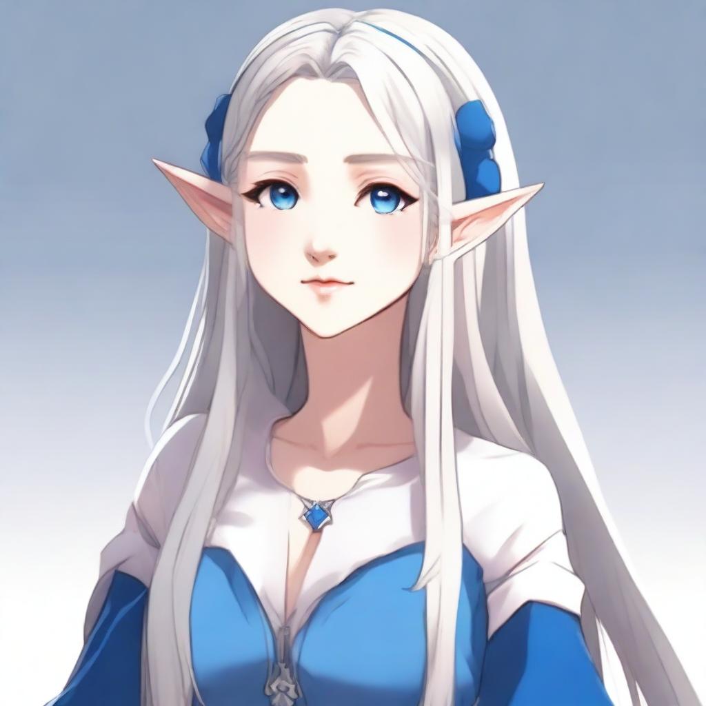 An anime-style elf with long silver hair and blue eyes, dressed in modern casual fashion