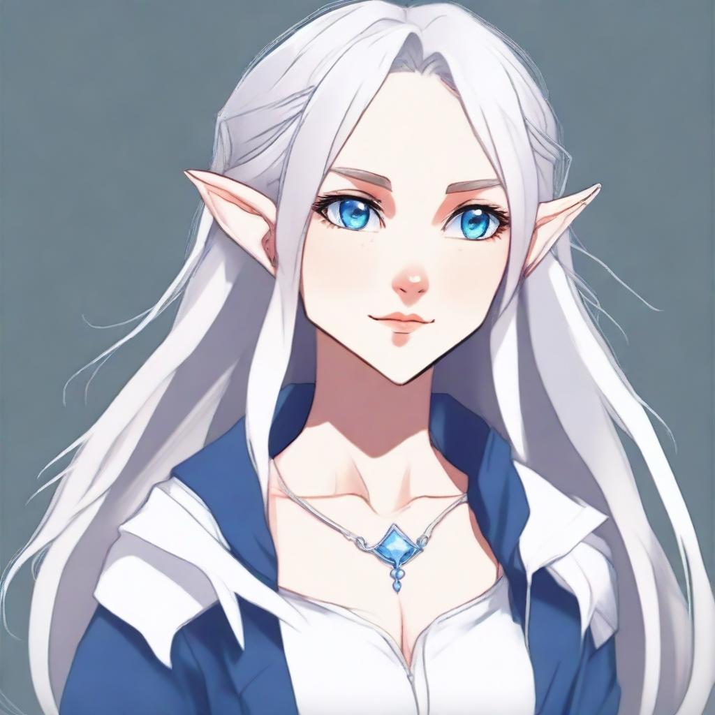 An anime-style elf with long silver hair and blue eyes, dressed in modern casual fashion