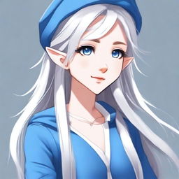 An anime-style elf with long silver hair and blue eyes, dressed in modern casual fashion