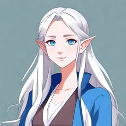 An anime-style elf with long silver hair and blue eyes, dressed in modern casual fashion