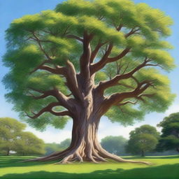 A detailed and realistic depiction of a large tree in a natural setting, with lush green leaves and a strong, sturdy trunk