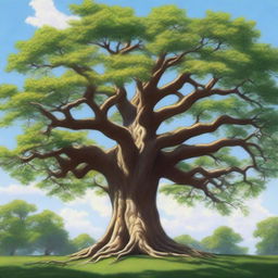 A detailed and realistic depiction of a large tree in a natural setting, with lush green leaves and a strong, sturdy trunk